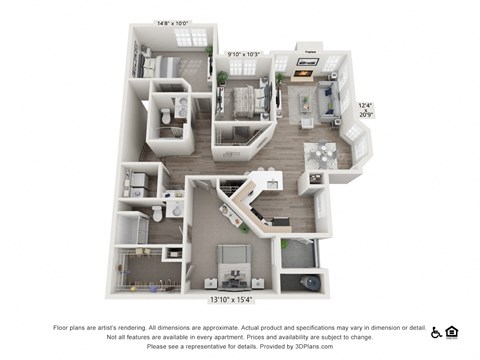 Floor plan for 3 beds, 2 baths, 1449 sqft